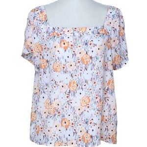 Loft Pink Floral Top L Square Neck Tulip Cap Sleeve Lightweight Romantic